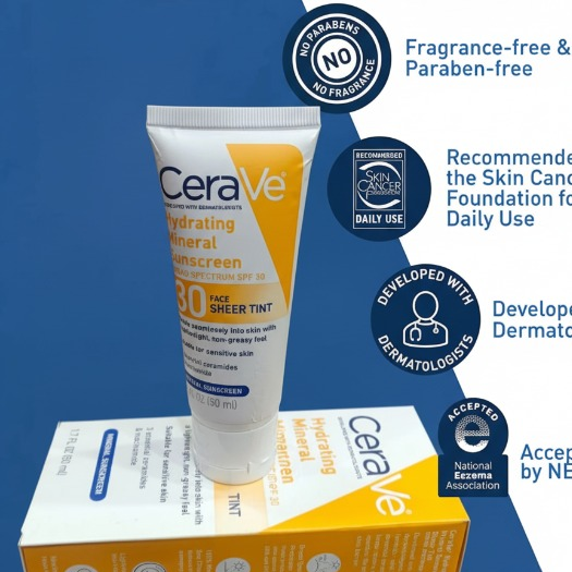 CeraVe Hydrating Mineral Sunscreen SPF 50 | Broad Spectrum UV Protection with Hyaluronic Acid & Ceramides – 50m